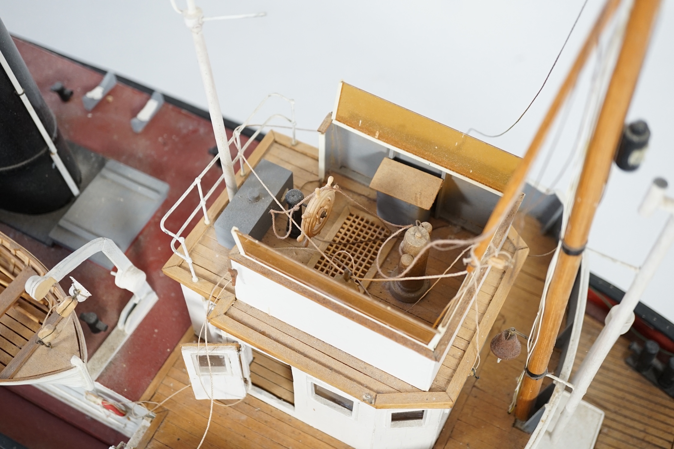 A kit built Maxwell Hemmens pond yacht style model of a 1930s Thames Tug after the firm Watkin & Sons, 150cm long